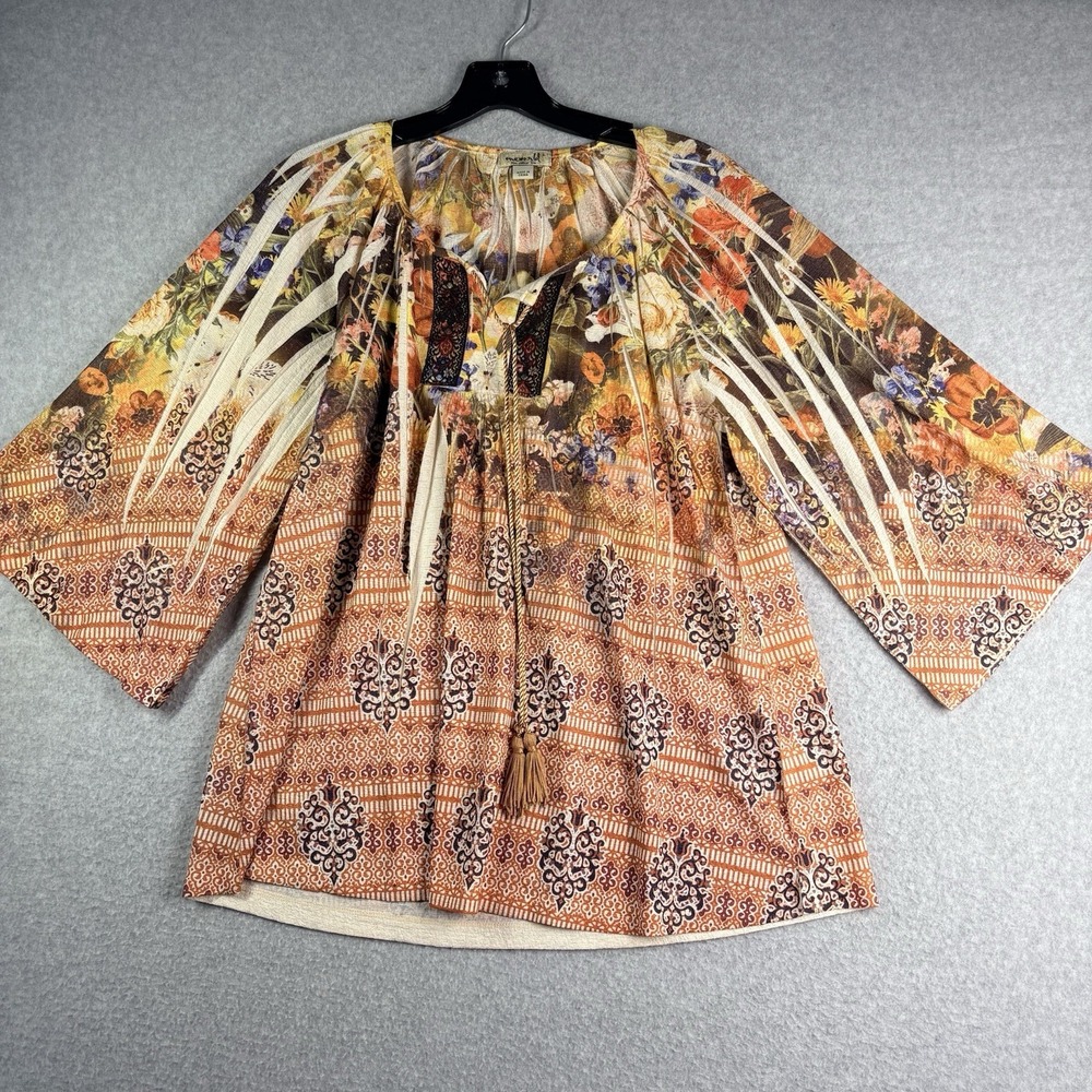 One World Tops Women's L Floral 3/4 Sleeve Tassel Boho Peasant Multicolor